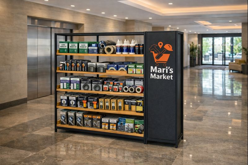 Estante inteligente Mari's Market em hall moderno de condomínio